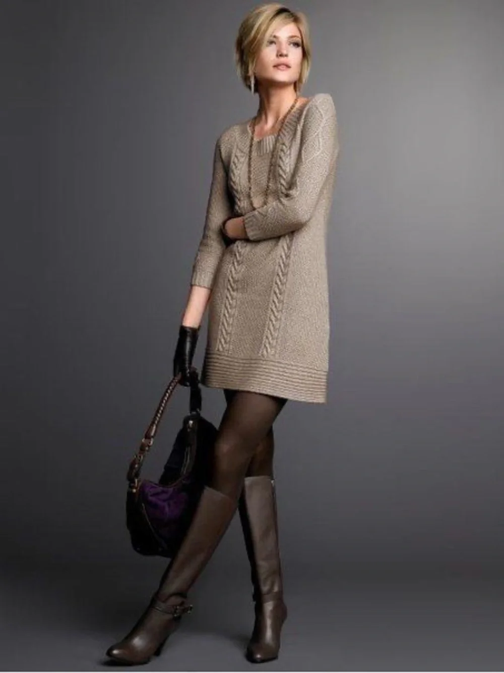Banana Republic Cable Knit Sweater Dress XL Taupe Lambswool Cashmere Blend